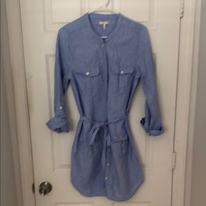 Joie Light Blue Long Sleeve Linen Belted Mandarin Collar Dress - M